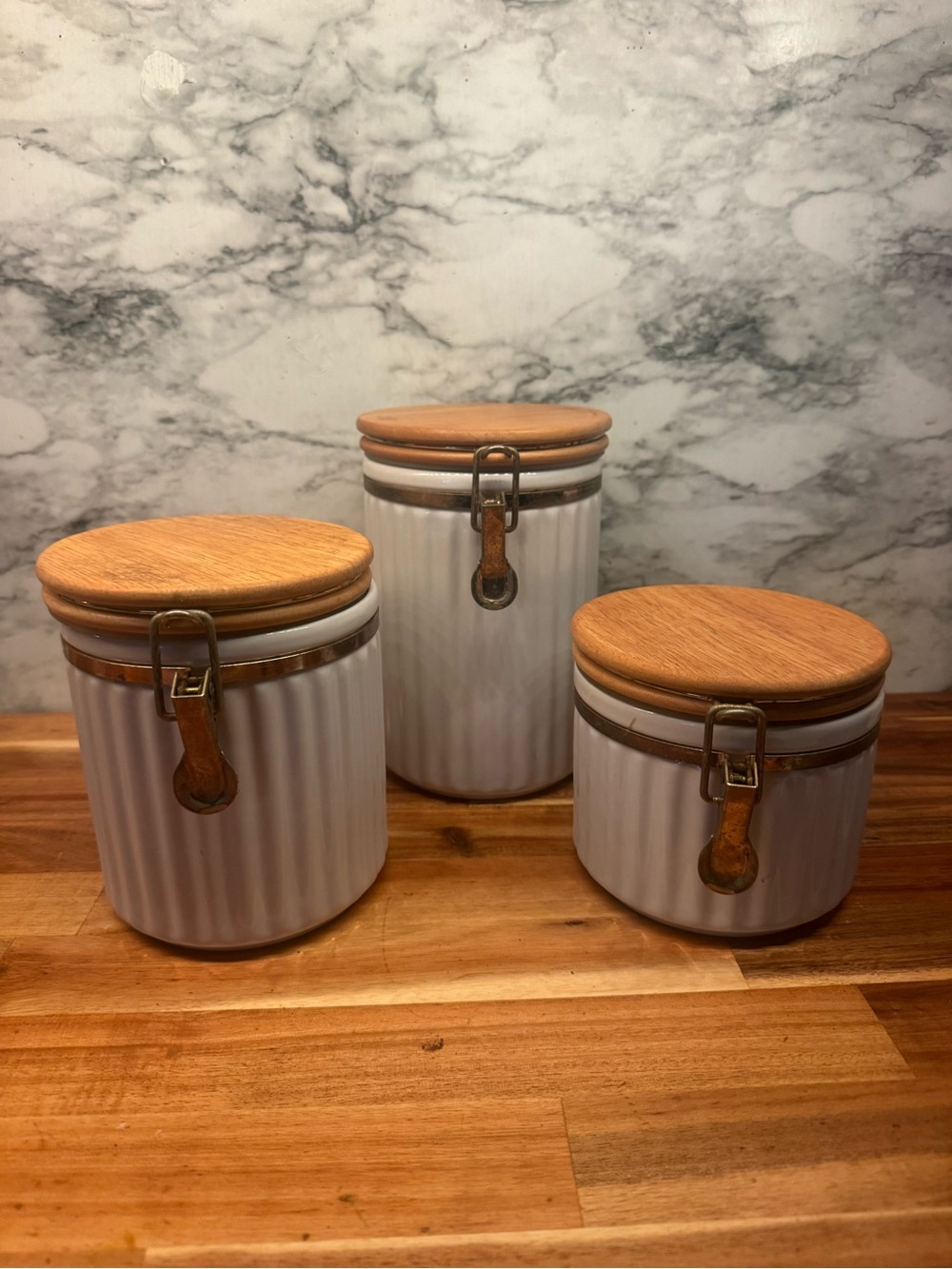 Ceramic Canister Set with Wood Lids - White and Light Brown